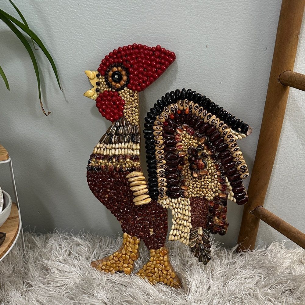 Vintage Mosaic Folk Art Handmade Rooster Seed Bean Wood Cutout Wall Decor